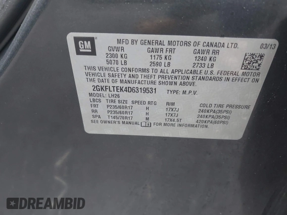 2013 GMC Terrain SLE with VIN 2GKFLTEK4D6319531, listed as a IAAI auction lot 41981773 with 169,538 mi miles. Bid and sale history available at carsss.com. Image 9.