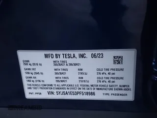2023 Tesla Model S with VIN 5YJSA1E53PF518986, listed as a IAAI auction lot 41223046 with 22,204 mi miles and . Bid and sale history available at DreamBid. Image 9.