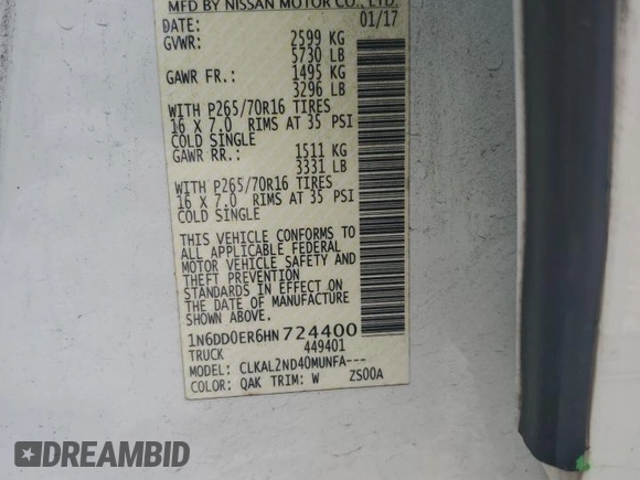 2017 Nissan Frontier SV with VIN 1N6DD0ER6HN724400, listed as a Copart auction lot 54659325 with 123,800 mi miles and Salvage title. Bid and sale history available at DreamBid. Image 12.