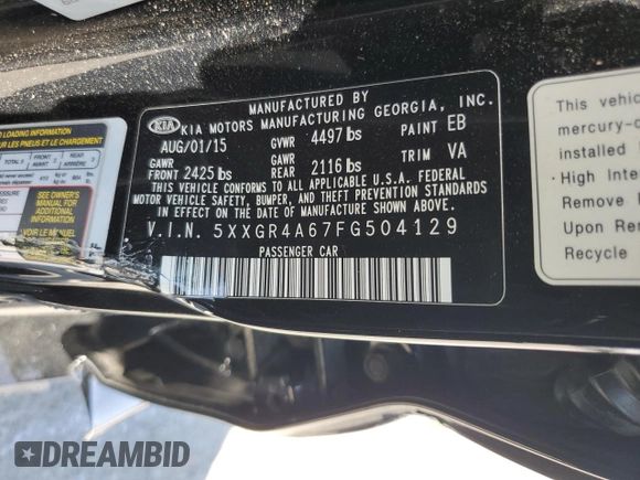 2015 Kia Optima SX Turbo with VIN 5XXGR4A67FG504129, listed as a Copart auction lot 60459525 with 62,091 mi miles and Salvage title. Bid and sale history available at DreamBid. Image 12.