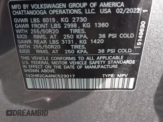 2022 Volkswagen Atlas 3.6L V6 SE w/Technology with VIN 1V2HR2CA4NC523017, listed as a IAAI auction lot 41754371 with 23,745 mi miles. Bid and sale history available at carsss.com. Image 9.