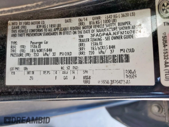 2015 Ford Fiesta S with VIN 3FADP4AJ6FM107674, listed as a Copart auction lot 58808575 with 98,878 mi miles and Salvage title. Bid and sale history available at DreamBid. Image 12.