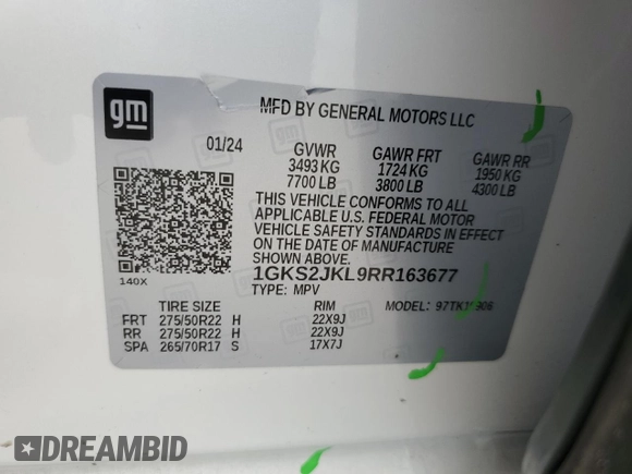 2024 GMC Yukon XL Denali with VIN 1GKS2JKL9RR163677, listed as a Copart auction lot 41381335 with 19,929 mi miles and Salvage Title. Bid and sale history available at carsss.com. Image 14.