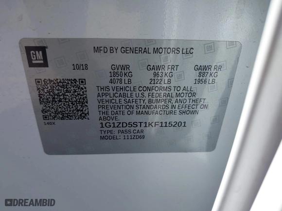 2019 Chevrolet Malibu LT with VIN 1G1ZD5ST1KF115201, listed as a IAAI auction lot 41998099 with 10,047 mi miles. Bid and sale history available at carsss.com. Image 9.