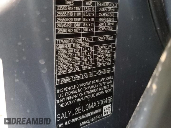 2021 Land Rover Range Rover Velar S with VIN SALYJ2EU0MA306468, listed as a Copart auction lot 56241045 with Not provided miles and Salvage title. Bid and sale history available at DreamBid. Image 13.