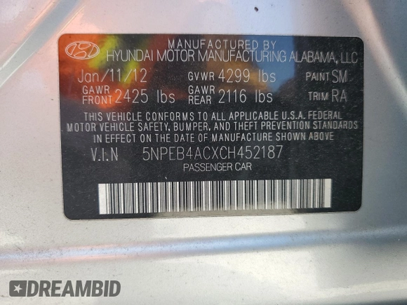 2012 Hyundai Sonata GLS with VIN 5NPEB4ACXCH452187, listed as a Copart auction lot 53274065 with 38,715 mi miles and Salvage Title. Bid and sale history available at carsss.com. Image 12.