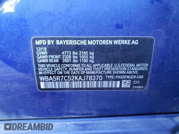 2019 BMW 3 Series 330i xDrive with VIN WBA5R7C52KAJ78370, listed as a Copart auction lot 67735892 with 75,102 mi miles. Bid and sale history available at carsss.com. Image 13.