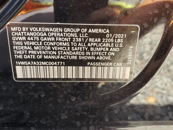 2021 Volkswagen Passat 2.0T SE with VIN 1VWSA7A32MC004771, listed as a Copart auction lot 53316455 with 48,067 mi miles and Salvage Title. Bid and sale history available at carsss.com. Image 12.