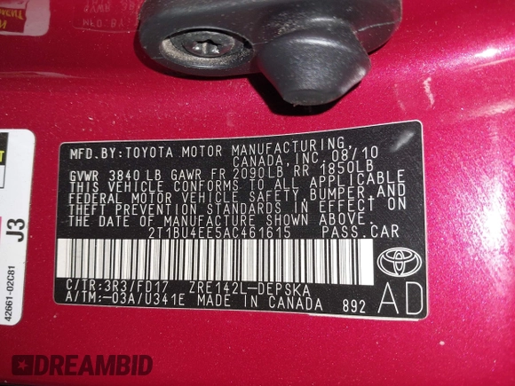 2010 Toyota Corolla with VIN 2T1BU4EE5AC461615, listed as a IAAI auction lot 42455155 with 103,062 mi miles and . Bid and sale history available at DreamBid. Image 9.