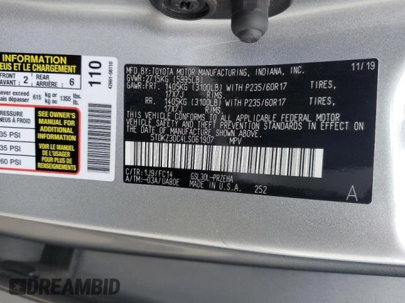 2020 Toyota Sienna LE Auto Access Seat with VIN 5TDKZ3DC4LS061907, listed as a Copart auction lot 50261305 with 80,784 mi miles and Salvage Title. Bid and sale history available at carsss.com. Image 14.