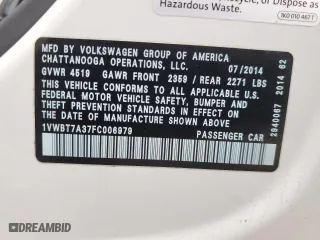 2015 Volkswagen Passat 1.8T Sport with VIN 1VWBT7A37FC006979, listed as a Copart auction lot 51417265 with 65,314 mi miles and Salvage Title. Bid and sale history available at carsss.com. Image 12.