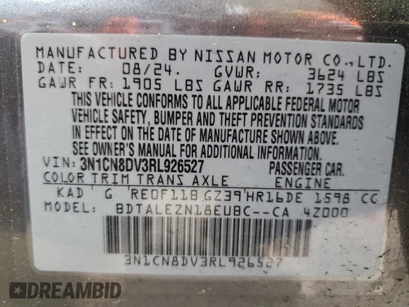 2024 Nissan Versa S with VIN 3N1CN8DV3RL926527, listed as a Copart auction lot 53888185 with 3,701 mi miles and Salvage Title. Bid and sale history available at carsss.com. Image 12.