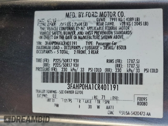 2012 Ford Fusion SE with VIN 3FAHP0HA1CR401191, listed as a Copart auction lot 61968675 with 177,018 mi miles and Salvage title. Bid and sale history available at DreamBid. Image 13.