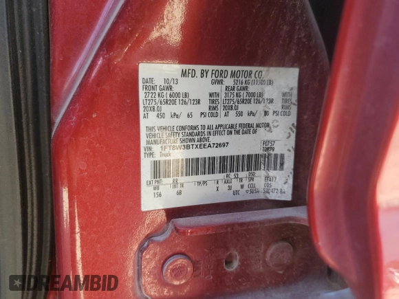 2014 Ford F-350 XLT with VIN 1FT8W3BTXEEA72697, listed as a Copart auction lot 63914115 with 230,834 mi miles and Salvage title. Bid and sale history available at DreamBid. Image 12.