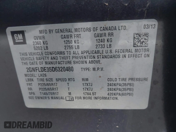 2013 Chevrolet Equinox LT with VIN 2GNFLDE35D6320480, listed as a IAAI auction lot 41437480 with 84,230 mi miles and . Bid and sale history available at DreamBid. Image 9.