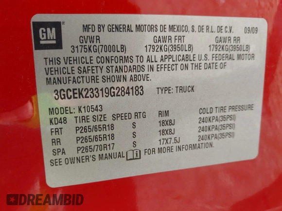 2009 Chevrolet Silverado 1500 LT with VIN 3GCEK23319G284183, listed as a IAAI auction lot 41993365 with 281,036 mi miles and . Bid and sale history available at DreamBid. Image 9.