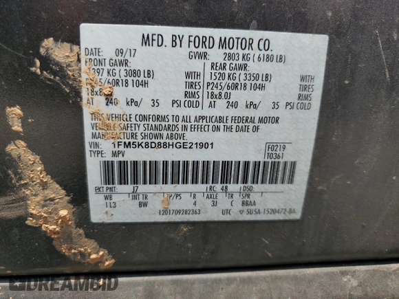 2017 Ford Explorer XLT с VIN 1FM5K8D88HGE21901, выставлен на аукционе Copart как лот 57137165 с пробегом 172 662 миль миль и Списание • Salvage title. История ставок и продаж доступна на DreamBid. Изображение 13.