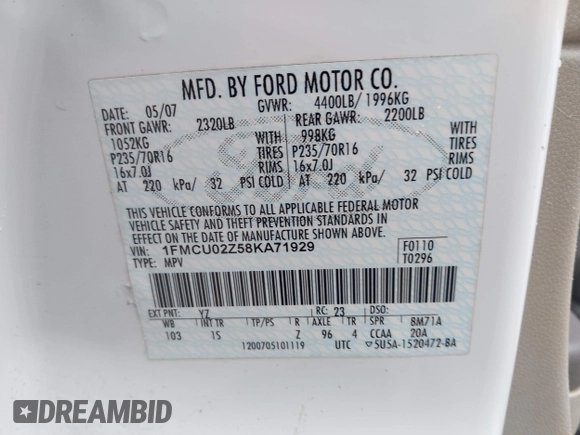 2008 Ford Escape XLS with VIN 1FMCU02Z58KA71929, listed as a IAAI auction lot 42612725 with 164,092 mi miles and . Bid and sale history available at DreamBid. Image 9.