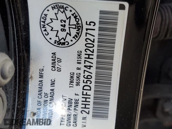 2007 Acura CSX Premium z VIN 2HHFD56747H202715, wystawiony jako Copart lot #74664914 z przebiegiem 397 586 mil mil oraz Szkoda całkowita • Salvage title. Historia ofert i sprzedaży dostępna na DreamBid. Obrazek 12.