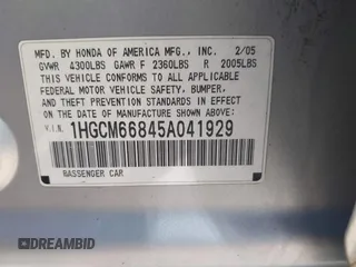 2005 Honda Accord EX-L z VIN 1HGCM66845A041929, wystawiony jako IAAI lot #42193697 z przebiegiem 165 324 mil mil oraz . Historia ofert i sprzedaży dostępna na DreamBid. Obrazek 9.