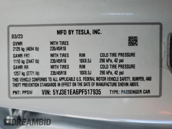 2023 Tesla Model 3 z VIN 5YJ3E1EA6PF517935, wystawiony jako Copart lot #60980325 z przebiegiem 45 496 mil mil oraz Szkoda całkowita • Salvage title. Historia ofert i sprzedaży dostępna na DreamBid. Obrazek 12.