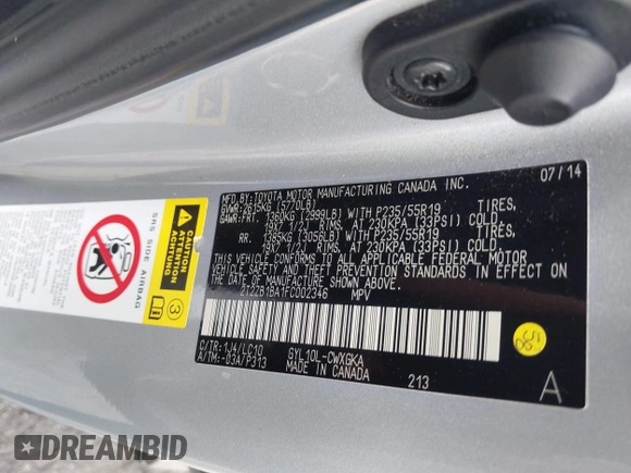 2015 Lexus RX 450h with VIN 2T2ZB1BA1FC002346, listed as a IAAI auction lot 42086141 with 160,775 mi miles and . Bid and sale history available at DreamBid. Image 9.