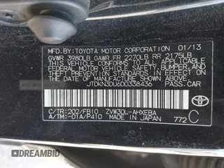 2013 Toyota Prius One with VIN JTDKN3DU6D0338436, listed as a IAAI auction lot 41881367 with 172,968 mi miles. Bid and sale history available at carsss.com. Image 9.