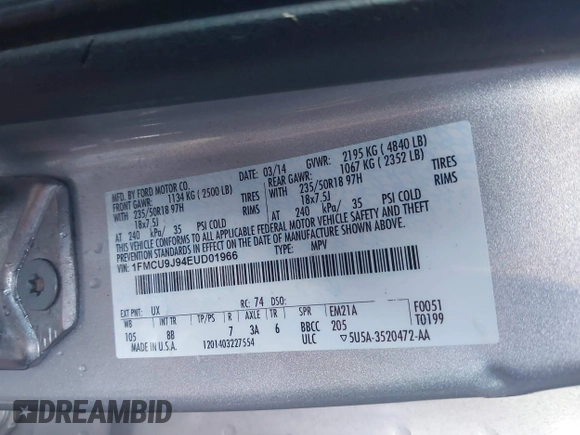 2014 Ford Escape Titanium with VIN 1FMCU9J94EUD01966, listed as a IAAI auction lot 41226043 with 132,730 mi miles. Bid and sale history available at carsss.com. Image 9.
