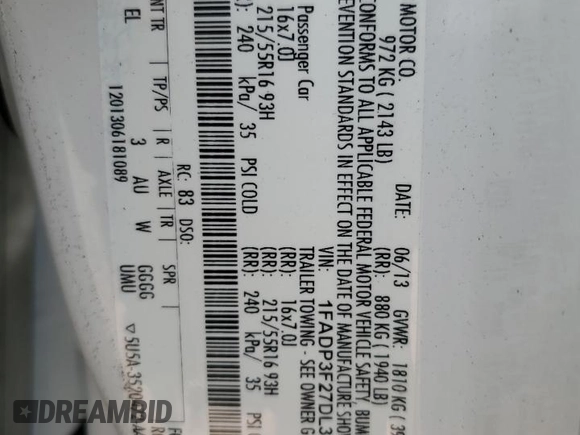 2013 Ford Focus SE with VIN 1FADP3F27DL375983, listed as a Copart auction lot 58084195 with 78,593 mi miles and Salvage title. Bid and sale history available at DreamBid. Image 12.