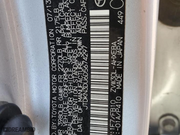 2013 Toyota Prius One with VIN JTDKN3DU6D5674297, listed as a Copart auction lot 53022805 with 253,086 mi miles and Clean Title. Bid and sale history available at carsss.com. Image 12.