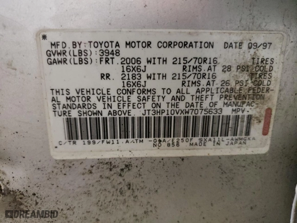 1998 Toyota RAV4 with VIN JT3HP10VXW7075633, listed as a Copart auction lot 52632125 with 185,392 mi miles and Non Repairable. Bid and sale history available at carsss.com. Image 13.