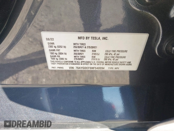 2022 Tesla Model Y Performance with VIN 7SAYGDEF6NF540094, listed as a IAAI auction lot 41786865 with 28,356 mi miles and . Bid and sale history available at DreamBid. Image 9.