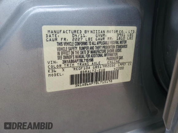 2011 Nissan Sentra S with VIN 3N1AB6AP7BL715198, listed as a Copart auction lot 57462395 with 99,399 mi miles and Salvage title. Bid and sale history available at DreamBid. Image 13.