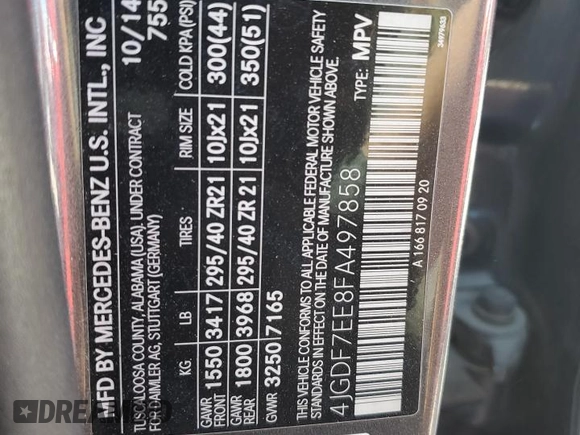 2015 Mercedes-Benz GL-Class GL 63 AMG with VIN 4JGDF7EE8FA497858, listed as a Copart auction lot 72887864 with 106,050 mi miles and Salvage Title. Bid and sale history available at carsss.com. Image 14.