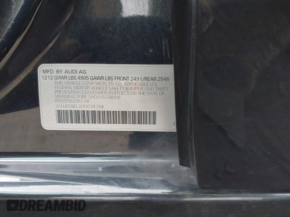 2013 Audi A4 Premium Plus with VIN WAUFFAFL2DN034768, listed as a IAAI auction lot 40727577 with 215,069 mi miles. Bid and sale history available at carsss.com. Image 9.