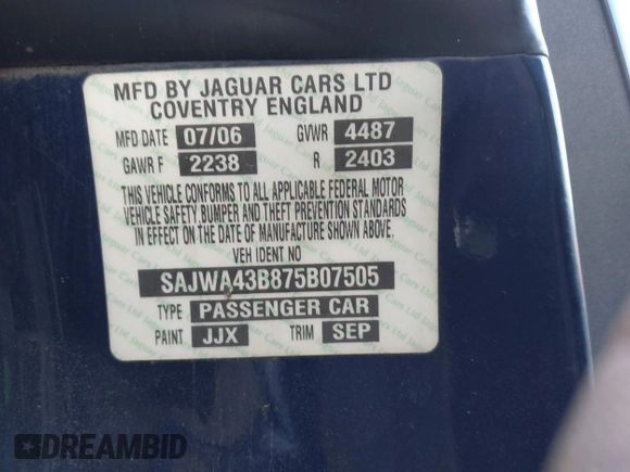 2007 Jaguar XK with VIN SAJWA43B875B07505, listed as a IAAI auction lot 41654226 with 183,098 mi miles. Bid and sale history available at carsss.com. Image 9.