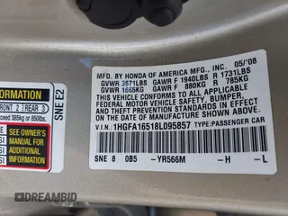 2008 Honda Civic LX with VIN 1HGFA16518L095857, listed as a IAAI auction lot 41981158 with Not Provided miles and . Bid and sale history available at DreamBid. Image 9.
