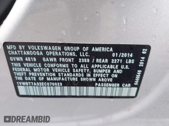 2014 Volkswagen Passat SE with VIN 1VWBT7A32EC070023, listed as a IAAI auction lot 42202567 with 116,438 mi miles and . Bid and sale history available at DreamBid. Image 9.