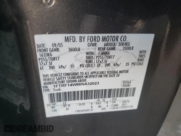2006 Ford F-150 XL with VIN 1FTRF14W86NA32023, listed as a Copart auction lot 89320095 with 176,811 mi miles and Salvage title. Bid and sale history available at DreamBid. Image 13.