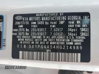 2017 Kia Sorento LX with VIN 5XYPG4A54HG214989, listed as a Copart auction lot 58235135 with 82,461 mi miles and Salvage title. Bid and sale history available at DreamBid. Image 13.