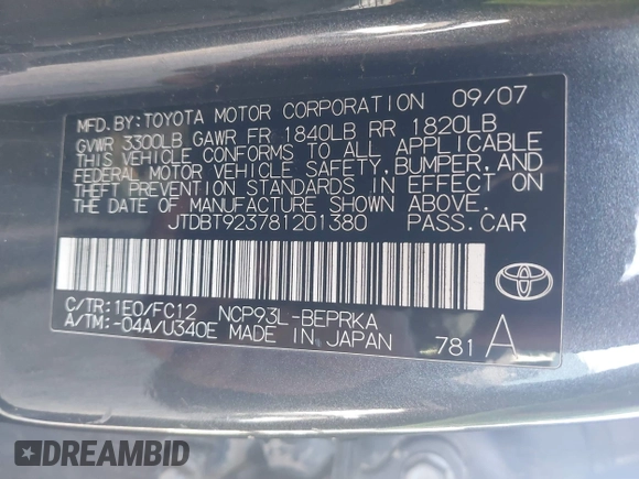 2008 Toyota Yaris with VIN JTDBT923781201380, listed as a IAAI auction lot 42043886 with Not Provided miles. Bid and sale history available at carsss.com. Image 9.