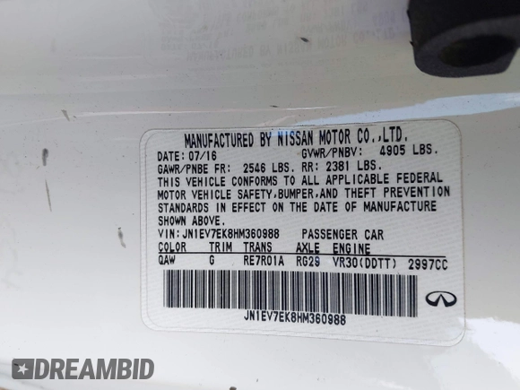2017 Infiniti Q60 Premium with VIN JN1EV7EK8HM360988, listed as a IAAI auction lot 42009120 with 112,384 mi miles and . Bid and sale history available at DreamBid. Image 9.