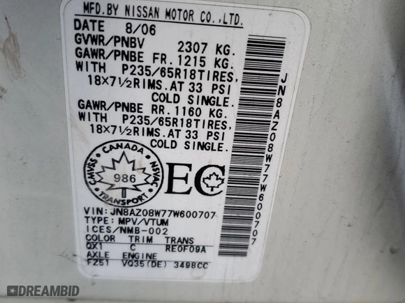 2007 Nissan Murano S with VIN JN8AZ08W77W600707, listed as a Copart auction lot 78581194 with 0 mi miles and Clean Title. Bid and sale history available at carsss.com. Image 14.