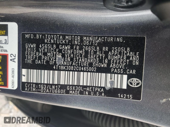 2012 Toyota Avalon z VIN 4T1BK3DB2CU465002, wystawiony jako Copart lot #55247345 z przebiegiem 131 583 mil mil oraz Szkoda całkowita • Salvage title. Historia ofert i sprzedaży dostępna na DreamBid. Obrazek 12.