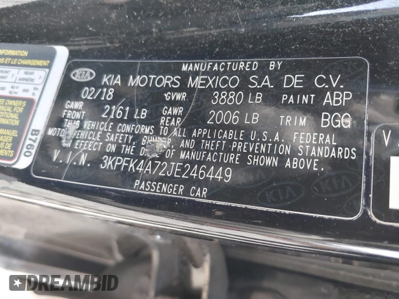 2018 Kia Forte LX with VIN 3KPFK4A72JE246449, listed as a IAAI auction lot 41096242 with 92,539 mi miles. Bid and sale history available at carsss.com. Image 9.