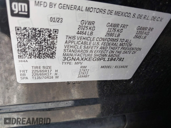 2023 Chevrolet Equinox LT with VIN 3GNAXKEG9PL184781, listed as a IAAI auction lot 42552163 with 42,970 mi miles and . Bid and sale history available at DreamBid. Image 9.