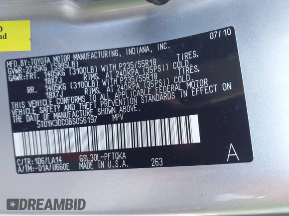 2011 Toyota Sienna XLE AAS with VIN 5TDYK3DC0BS056197, listed as a IAAI auction lot 41771073 with 195,022 mi miles and . Bid and sale history available at DreamBid. Image 9.