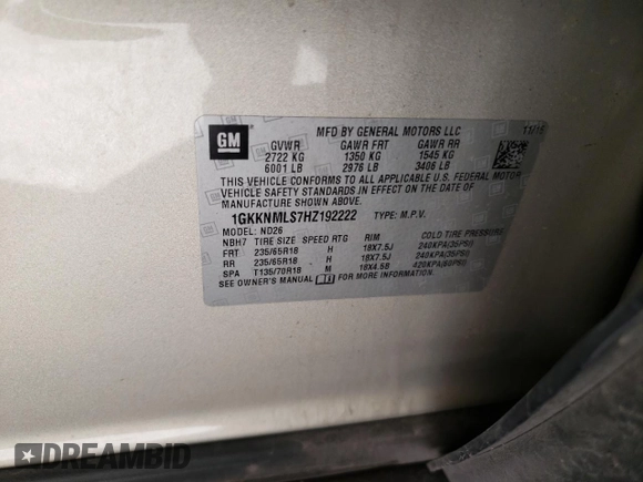 2017 GMC Acadia SLT with VIN 1GKKNMLS7HZ192222, listed as a Copart auction lot 49385445 with 126,981 mi miles and Salvage title. Bid and sale history available at DreamBid. Image 13.
