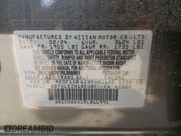 2024 Nissan Versa S with VIN 3N1CN8DV1RL866991, listed as a Copart auction lot 50181635 with 2,617 mi miles and Salvage Title. Bid and sale history available at DreamBid. Image 13.