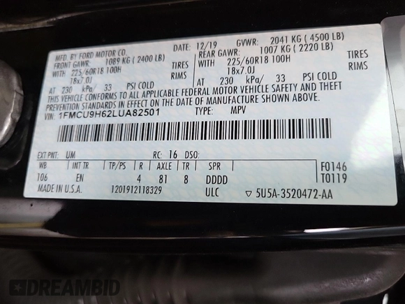 2020 Ford Escape SEL with VIN 1FMCU9H62LUA82501, listed as a IAAI auction lot 42843901 with 98,316 mi miles and . Bid and sale history available at DreamBid. Image 6.